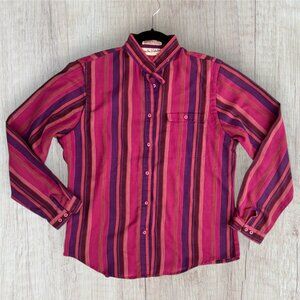 Diane Von Furstenberg Vintage 90s Pink Purple Stripe Button Neckline Blouse Top